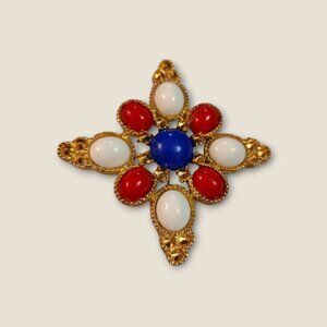Vintage Sarah Coventry Red White & Blue Gold-Tone Cross Shaped Brooch Pin
